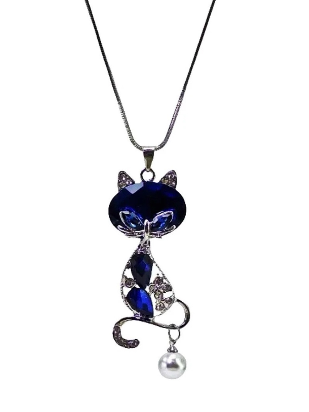 Women's Blue Crystal Cat Pendant Necklace Pearl Statement Fashion Jewelry- NEW